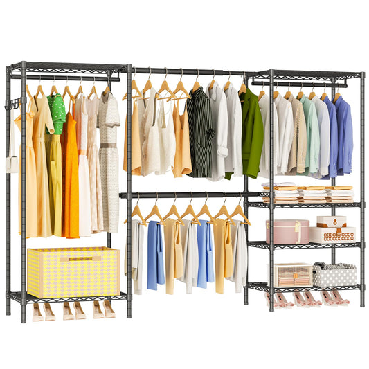 Exglobol Heavy Duty Garment Rack, Portable Expandable Freestanding 4 Tiers Adjustable Wire Shelves Clothes Rack with 2 Retractable Poles, 70.9-86.6" L x 15.7" W x 76.8" H, Max Load 900LBS, Black