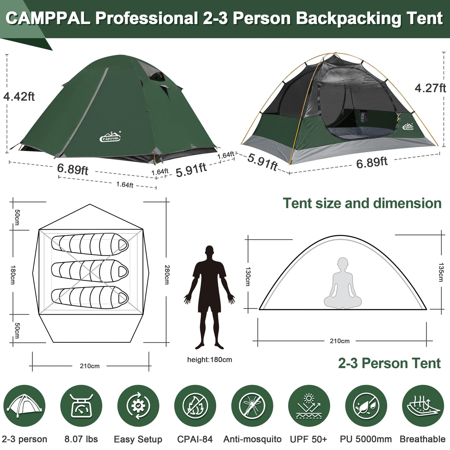 2-3 Person Backpacking Tent with Double Door 2 Vestibule, Waterproof Windproof Lightweight Easy Set Up 3 Season 2 Man Two Person Tent for Camping, Hiking, Motorcycle, Mountaineering with UPF 50+