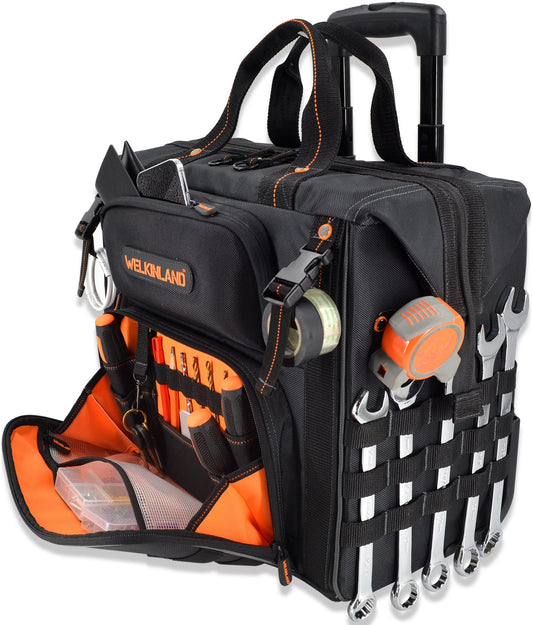 WELKINLAND 46Pockets-26" Rolling tool bag, Tools bag with wheels, Rolling tote bag, Tool tote, HVAC tools bags, Electrician tool bag, Tool bag organizer, Tool bags for men