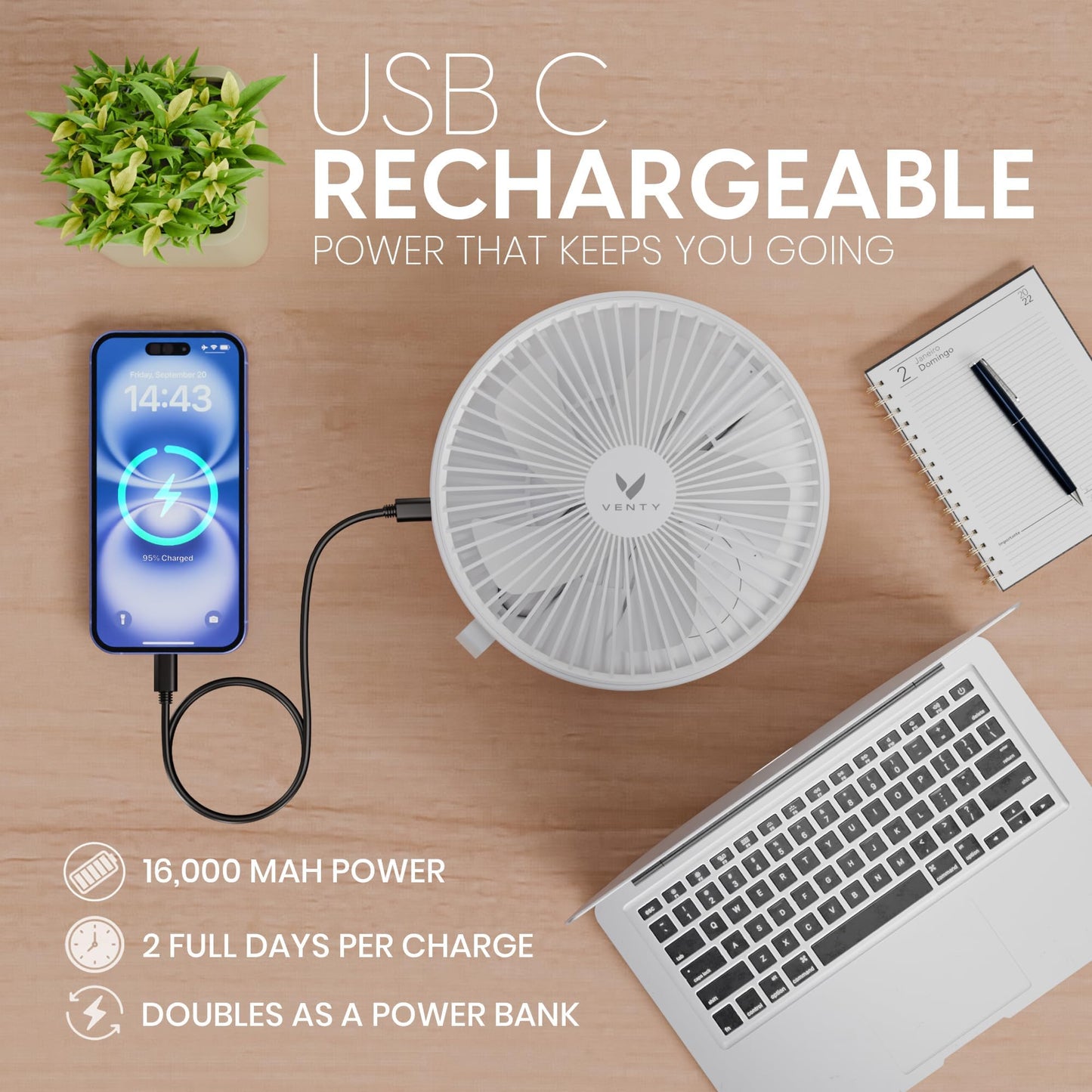 VENTY Portable Fan - Wireless Battery Operated Fan - 4 Speeds - LED Lighting - Carry Case & Remote Control - Cruise Travel - Outdoor Travel RV Power Bank With USB-C Port (White with Case)