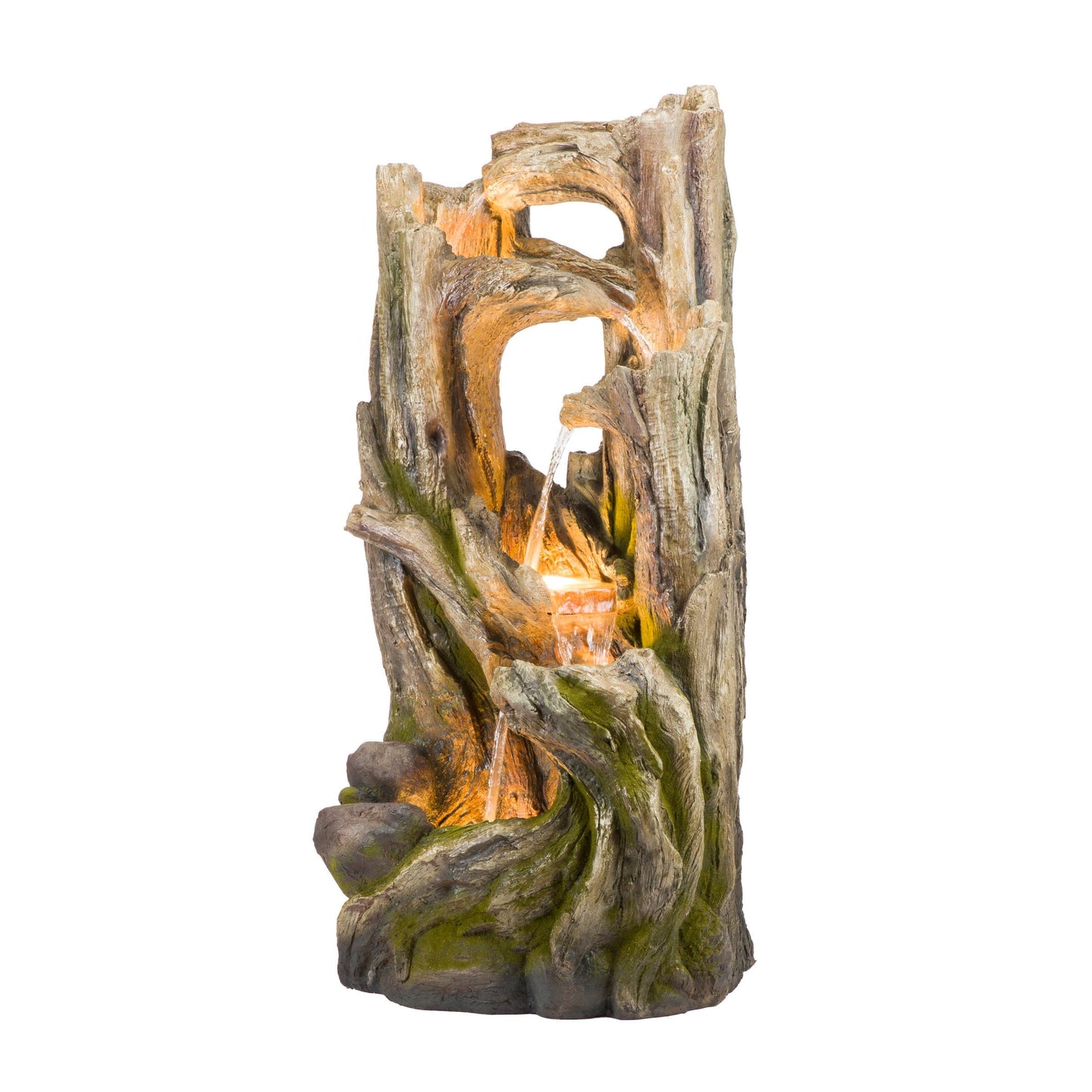 Alpine Corporation WIN1520 59" Indoor/Outdoor Floor 5-Tiered Tree Bark Water Fountain, Cascading Mossy Wood Waterfall Feature for Garden, Patio, and Yard, Brown