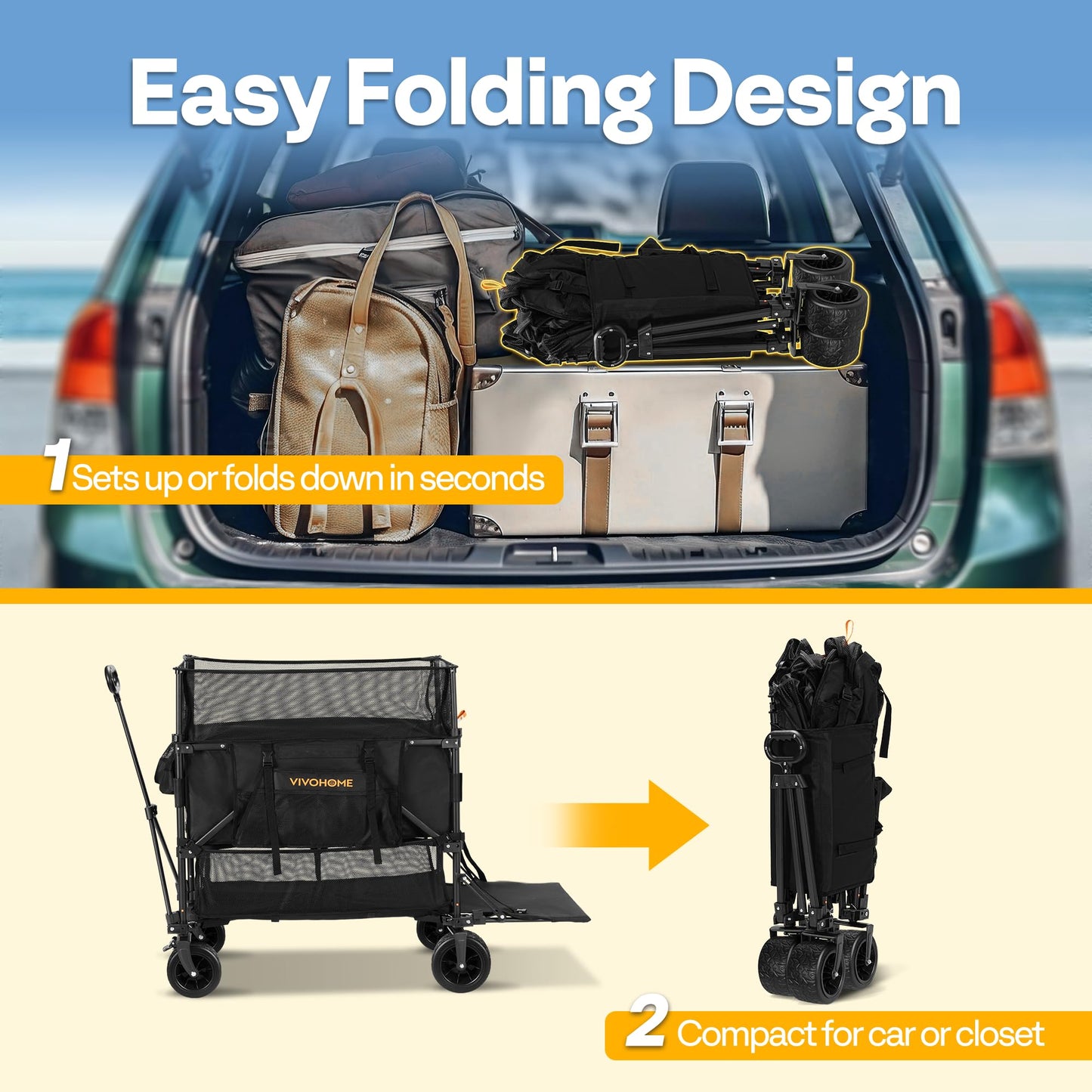 VIVOHOME 500L Large Capacity Double Decker Collapsible Wagon 500lbs Heavy Duty Utility Folding Cart with Big Wheels 53" Extended for Camping, Sports