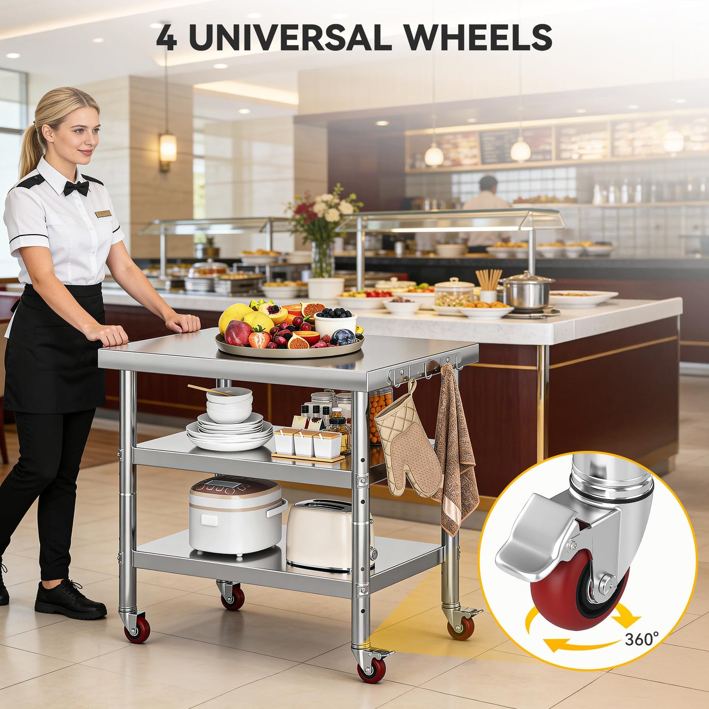 DWVO 30x24in Stainless Steel Table, NSF Metal Prep Worktable with 2 Adjustable Shelves & Wheels for Kitchen Restaurant Hotel Garage Warehouse Home