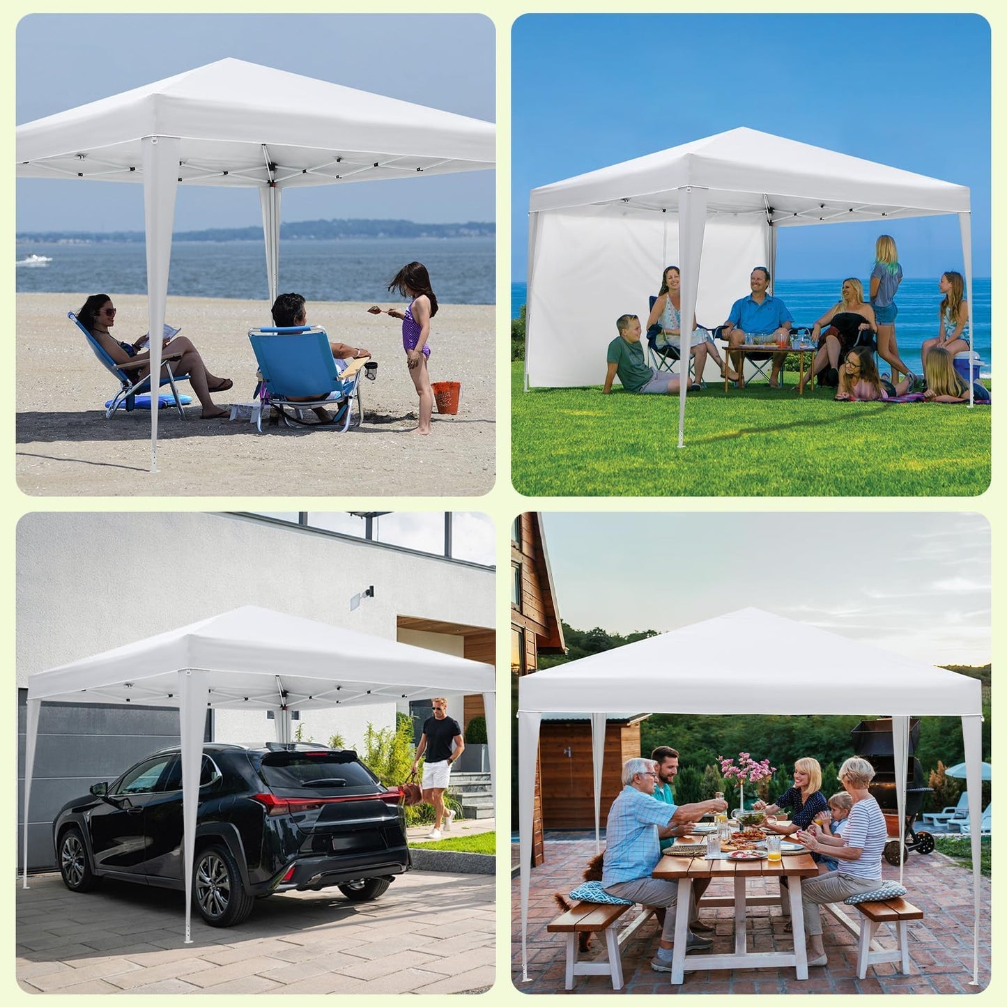 White 10x10 Pop-Up Canopy Tent with 4 Sidewalls – Portable Instant Shelter, Waterproof Outdoor Gazebo for Camping, Parties, Backyard & Beach Activities
