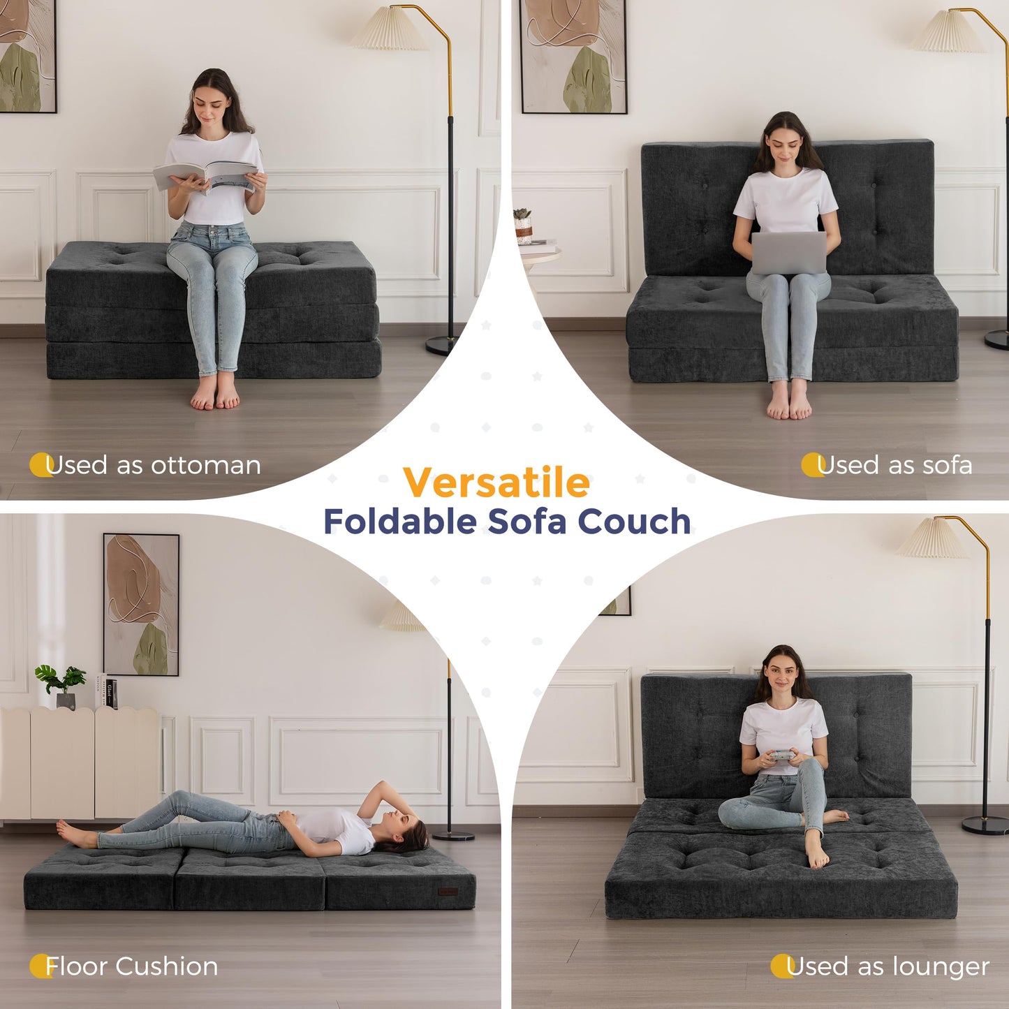MAXYOYO 6" Folding Sofa Bed for Floor, Tufted Tri-Fold Floor Couch Bed with Chenille Fabric, Twin Size Portable Sofa Couch Guest Mat for Adults, Foldable Topper for Camping, Dark Grey, 35.4"x75"