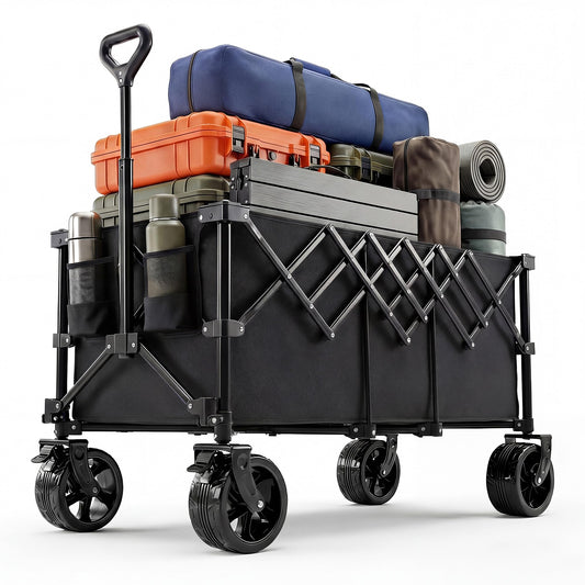 NEWBULIG Foldable Wagon Cart, 440LB Heavy Duty Collapsible Wagon with Extra-Long Storage, All-Terrain Wheels, Portable Utility Wagon for Groceries, Camping, Sports, Beach, Garden, Black