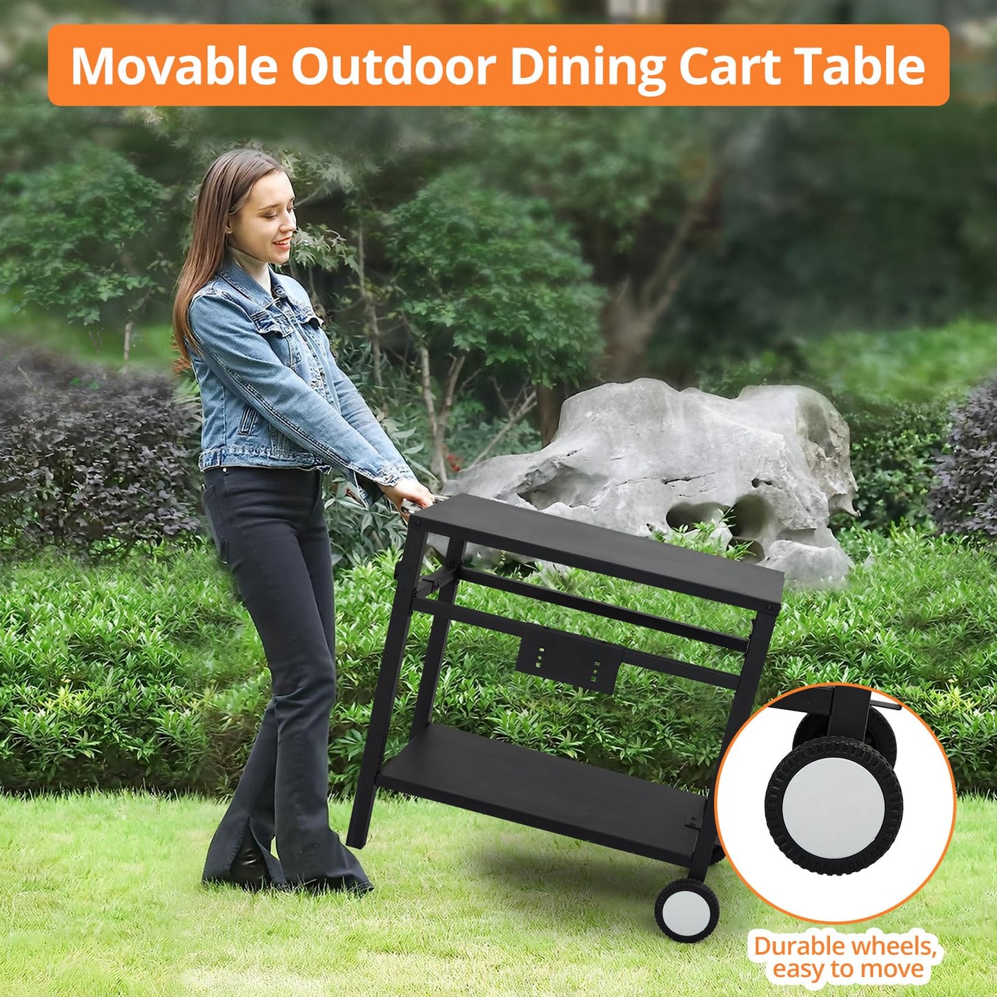 Garvee Grill Cart, Pizza Oven Stand, BBQ Prep Table with Wheels & Hooks, Side Handle, Double-Shelf Grilling Cart Tabletop Griddle Cooking Station for Bar, Patio, Camping, Home (Black)