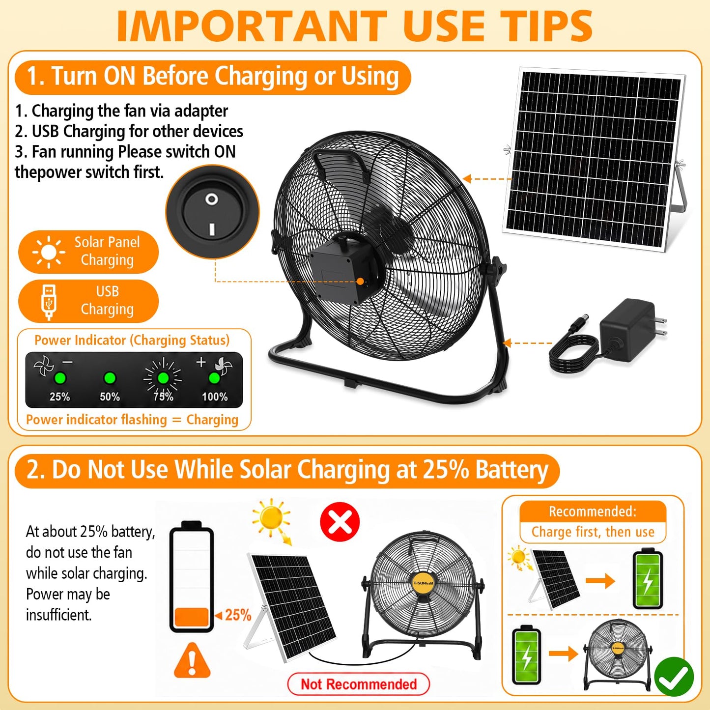 T-SUNiceM 12" Solar Powered Fan for Tent Camping, RV Trips & Patio, Rechargeable Cordless Floor Fan with Solar Panel, USB Output for Bedside Backup, Porch, Greenhouse, Chicken Coop