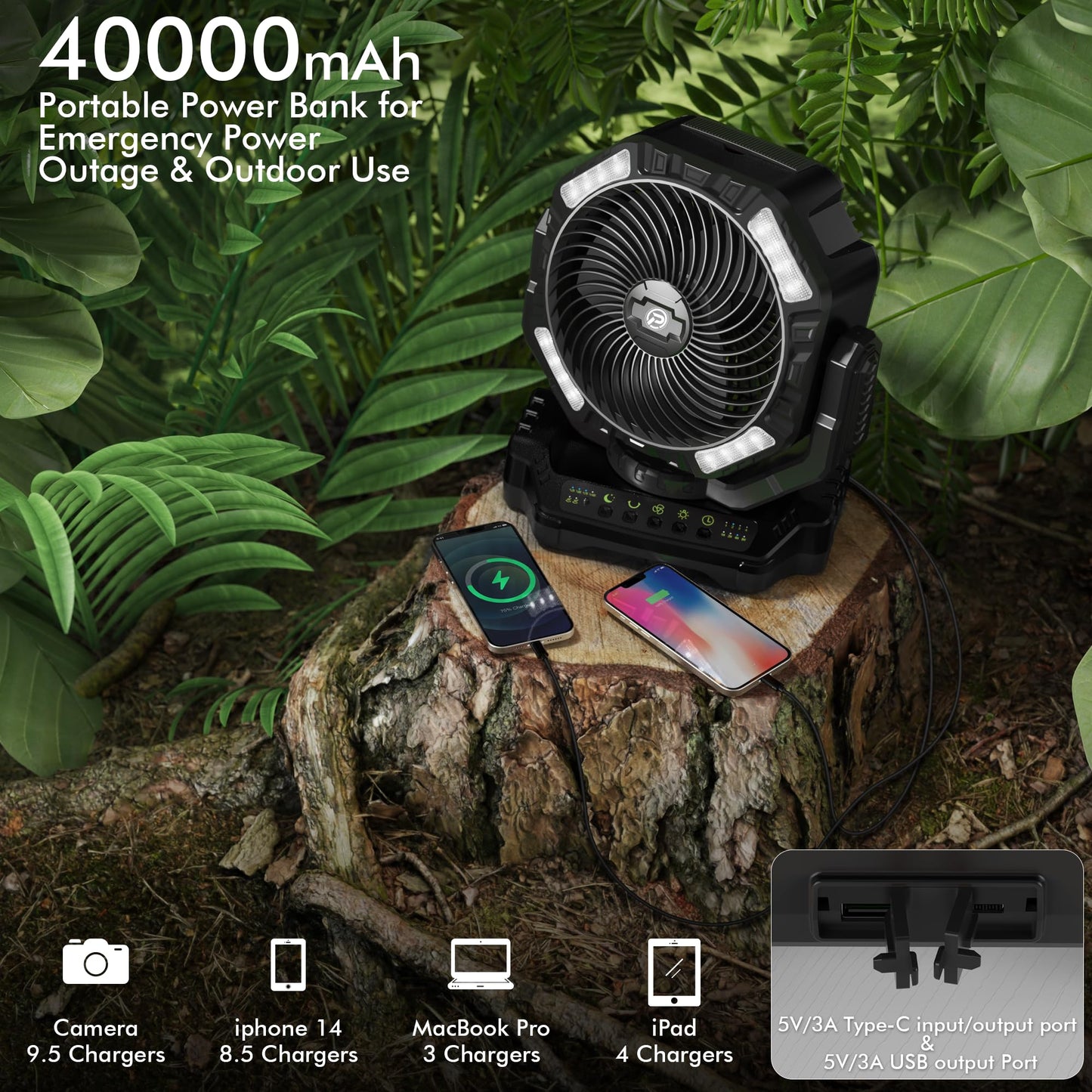 AddAcc 40000mAh Battery Operated Camping Fan & Portable Rechargeable Desk/Camping Fan with Light and Hook