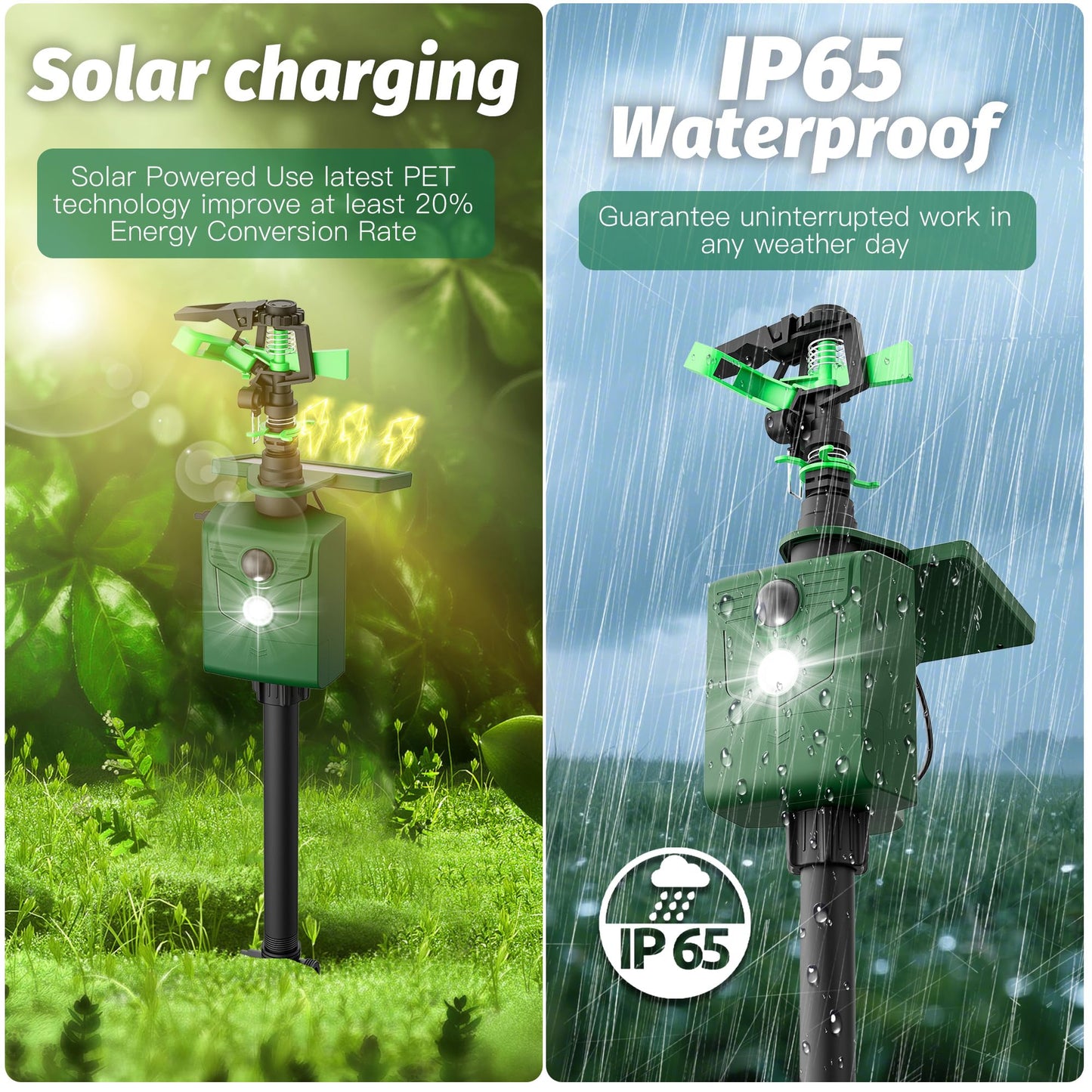 2 Pack Motion Activated Animal Repeller with Water Sprinkler and Flashing Light, Solar Powerd Deer Cat Repellent Outdoor Deterrent - Keep Rabbits Shunks Dog Raccoons Birds Away from Lawn and Garden