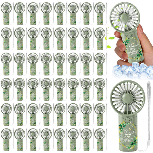 VIHOSE 50 Pcs Mini Wedding Handheld Fan for Guests Bulk Portable Electric Personal Fans with Thank You Print for Guest Summer Outdoor Bridal Shower, Battery Not Include(Boho Floral,Sage Green)