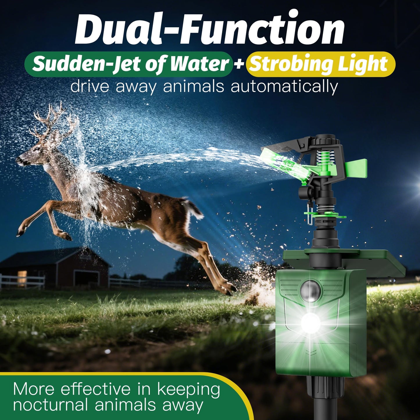 2 Pack Motion Activated Animal Repeller with Water Sprinkler and Flashing Light, Solar Powerd Deer Cat Repellent Outdoor Deterrent - Keep Rabbits Shunks Dog Raccoons Birds Away from Lawn and Garden
