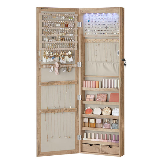 SONGMICS 6 LEDs Mirror Jewelry Cabinet, 47.2-Inch Tall Lockable Wall or Door Mounted Jewelry Armoire Organizer with Mirror, 2 Drawers, 3.9 x 14.6 x 47.2 Inches, Toasted Oak Color UJJC093N01