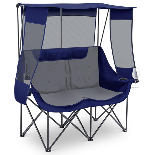 Teenyyou Double Camping Chair with Canopy - 2 Person Beach Chair with UV Sun Protection 660lbs Heavy Duty Foldable Loveseat with 2 Cup Holder & Storage Bag for Lawn Beach Outdoor Sport(Blue and Grey)