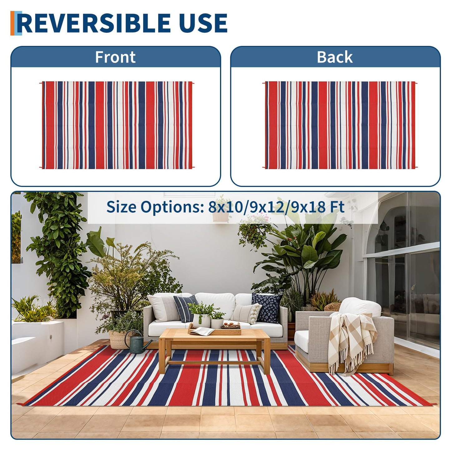 MilleLoom 10x20 Large Outdoor Patio Rug Modern Line Plastic Straw Outdoor Rugs Waterproof Foldable UV Resistant Camping Reversible Mats for Deck, Picnic, Porch, Camper, Balcony, Beach, Rv，Red/Multi