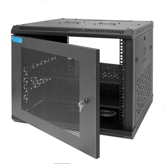 OCEANHUG 9U Wall Mount Server Cabinet with A Lockable Front Vented Door, Cooling Fans, Removable Side Panels - 60cm Depth, 19" Network Rack Including 2 PCS Full-Size Rack Shelves for IT Equipment