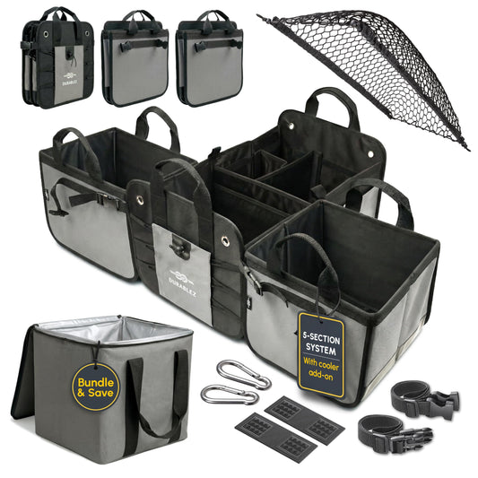 DURABLEZ Modular 5-Section Trunk Organizer XL – Car Storage for Groceries, Tools, Sports Gear, Emergency Kits – Extra Large Multi-Module Cargo Box, Foldable, Detachable, Heavy Duty Design – Gray