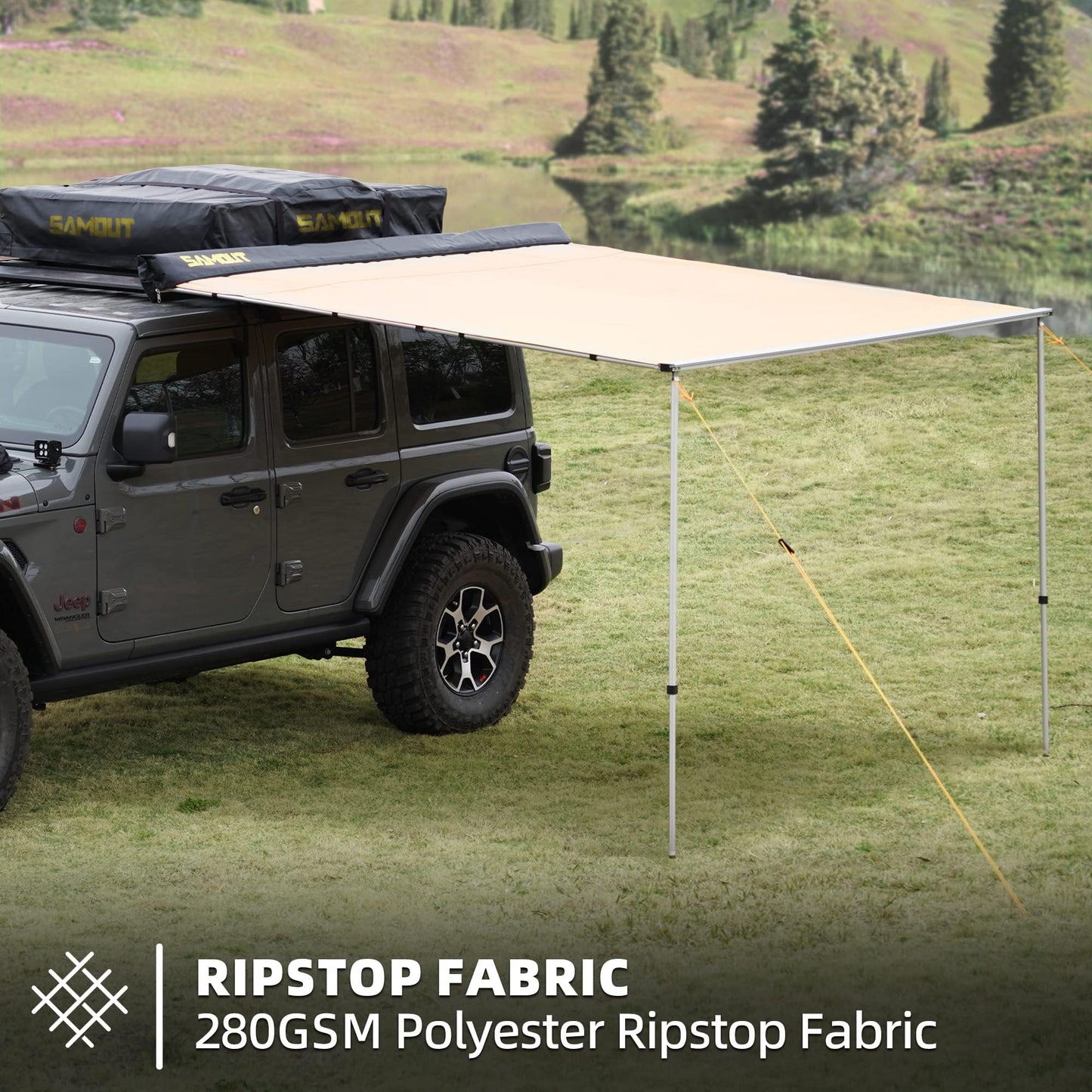 SAMOUT Vehicle Awning, 4.6ft x 8.2ft, Rooftop Pullout Ripstop UPF50+ Side Awning, Reinforced Hinges & Poles for Jeep/SUV/Truck/Van