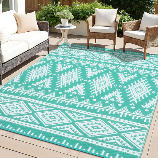 OLANLY Outdoor Rug Waterproof 9x18 ft, Reversible Outdoor Plastic Straw Rug, Boho Patio Rug, Indoor Outdoor Carpet, RV Mat Outside for Patio, Camp, Picnic, Balcony, Deck, Backyard, Turquoise & White
