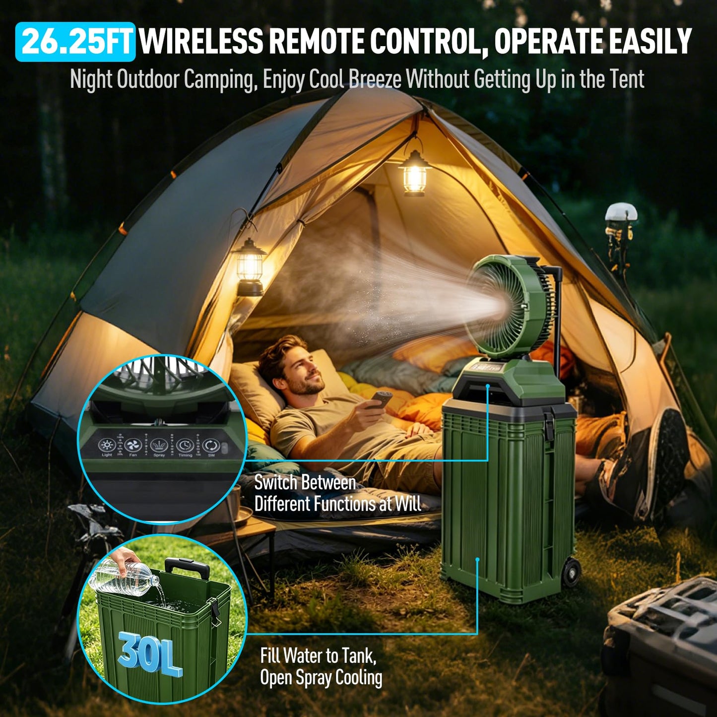 ZMLBTF 30L Portable Misting Fan, Bucket Rolling Mist Fan, 30000mAh Rechargeable Outdoor Cooling Fan with Remote, 4 Speeds, 3-Speed Light, for Patio, Camping, Sports, Outside & Travel(Green)