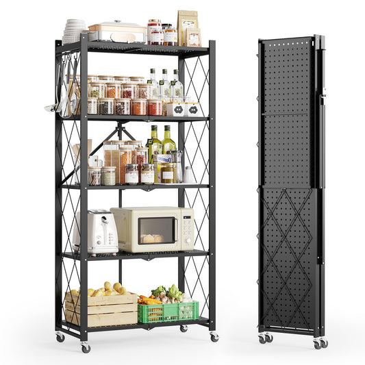 Fenbeli 5 Tier Folding Storage Shelf with Wheels & 8 S-Hooks, No Assembly Heavy Duty Metal Foldable Shelves, 300 LBS Capacity Rolling Collapsible Shelving Unit for Kitchen, Garage, Pantry, Living Room