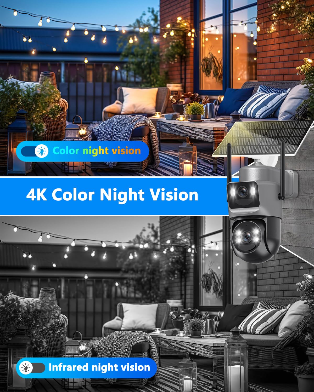 Latuwuz 4K Security Cameras Wireless Outdoor Solar, 5GHz/2.4GHz WiFi 360° PTZ Cameras for Home Security with Dual Lens, Color Night Vision, Human Detection, Siren, 2-Way Audio, IP66