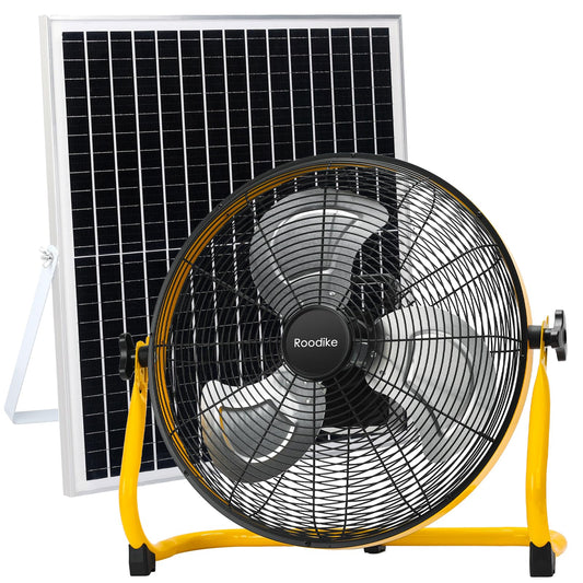 Roodike 18" Solar Rechargeable Floor Fan, 35W Solar Powered Battery Operated Fans for Outdoor Garden Greenhouse Barn Stable Camping Garage Air Circulation Cooling
