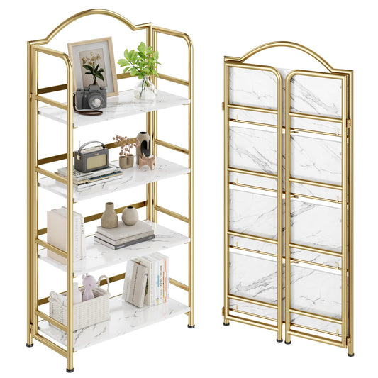 No-Assembly Gold Folding Bookshelf Storage Shelves 4 Tiers Vintage Multifunctional Plant Flower Stand Storage Rack Shelves Bookcase for Home Office