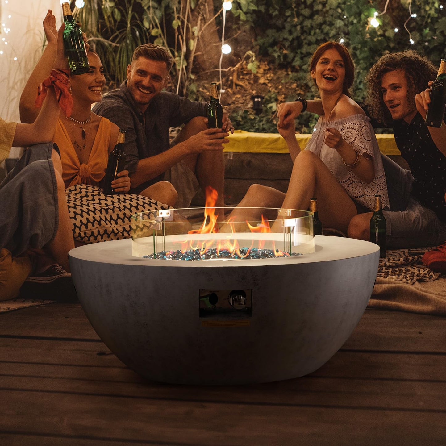 VEVOR Propane Fire Pit, Outdoor Concrete Gas Fire Pit, 39 in Tabletop with Lava Rocks, Lid,Rain Cover,Adjust Flame Height Camping Firepit for Heating, Lighting, 50000 BTU