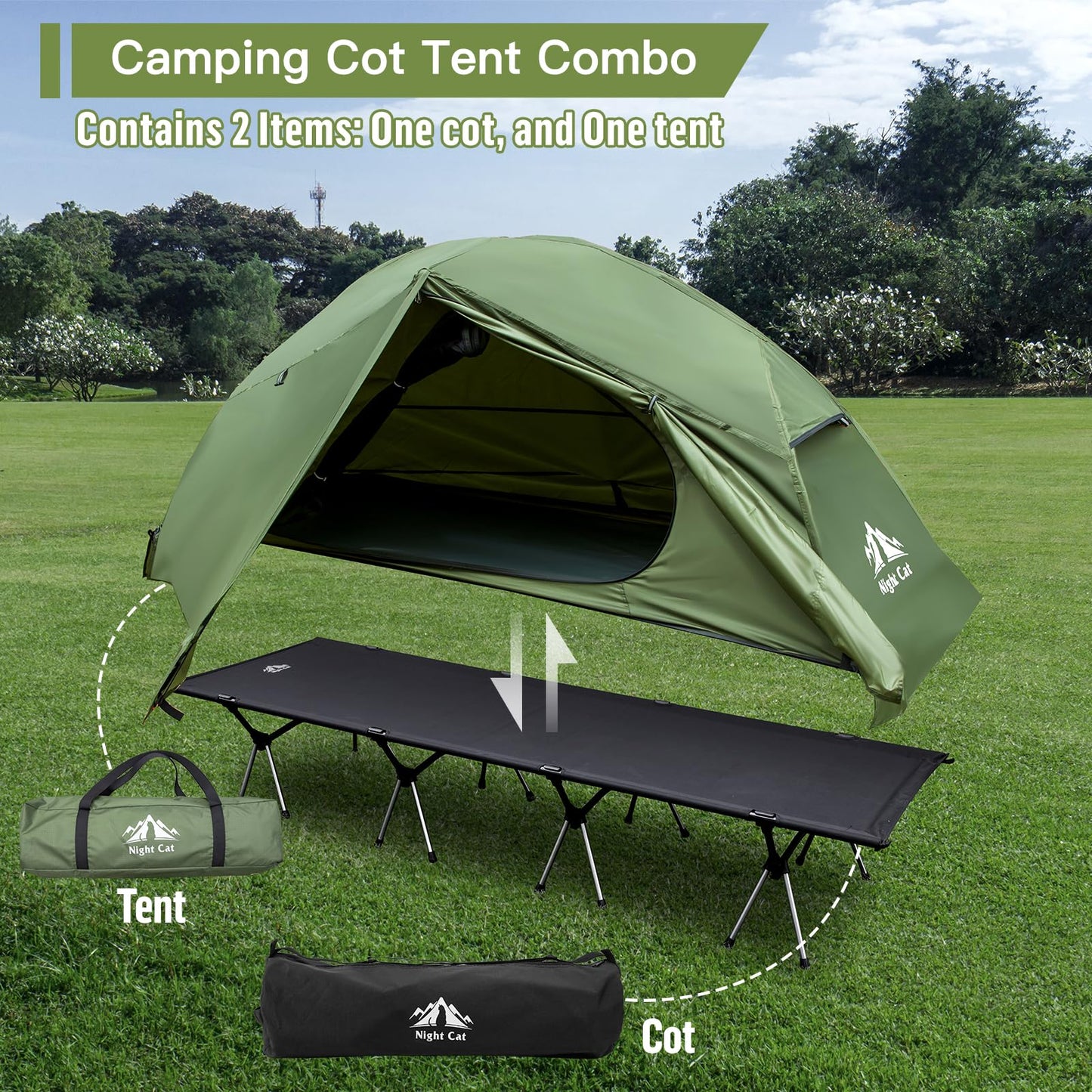 Night Cat Camping Cot Tent with Self-Inflating Sleeping Pad and Self-Inflatable Camping Pillow Camping Sleeping Bag Waterproof 1-Person Off-Ground Combo Cot Bed for Adults Portable Easy Set-up Tent