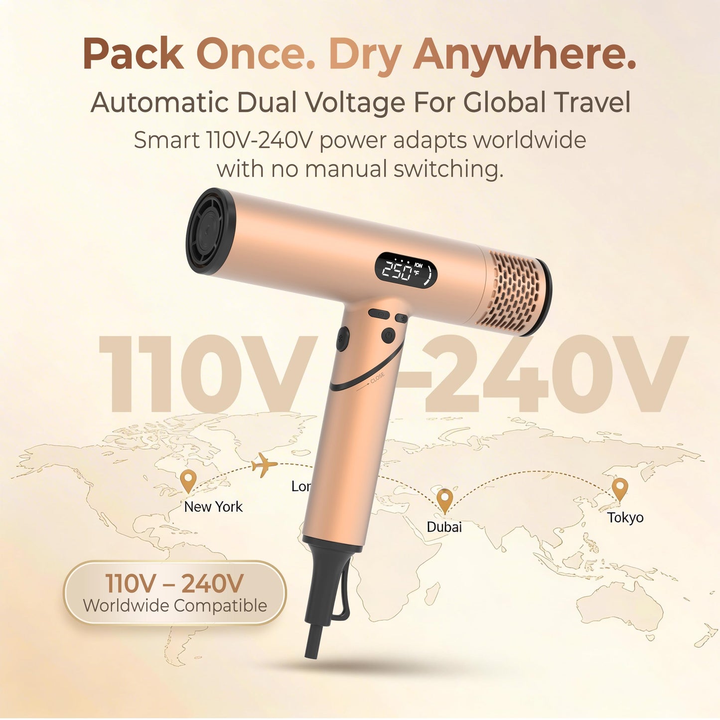 FusionHeat Dual Voltage Travel Hair Dryer with Magnetic Diffuser - 1600W High-Speed Ionic Blow Dryer for Women, Automatic Dual Voltage 110V-240V, Lightweight & Compact, Foldable, Heat Control