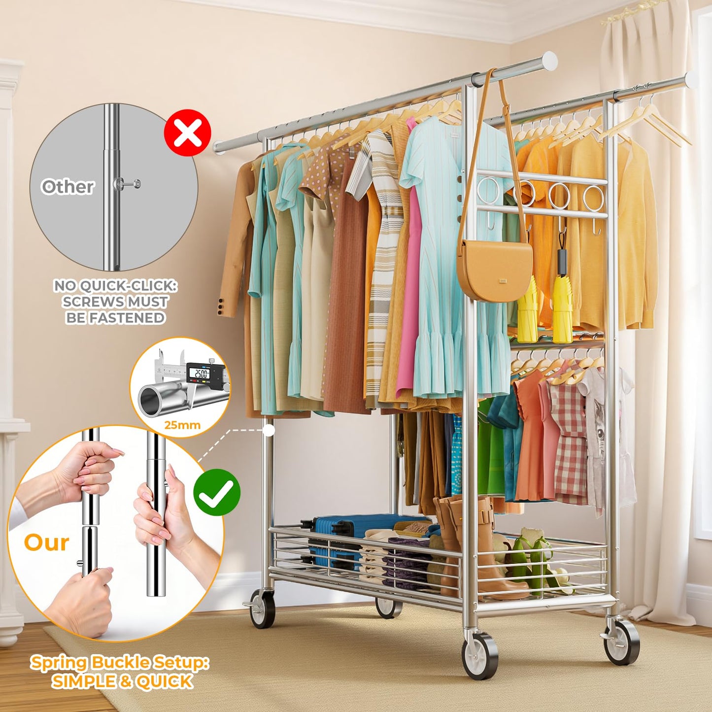 Heavy Duty Clothes Rack Load 960LBS, Three Rods Rolling Clothing Racks for Hanging Clothes, Rolling Garment Rack With Sturdy Wheels Shelves Hooks, Portable & Adjustable Commercial Garment Rack, Silver