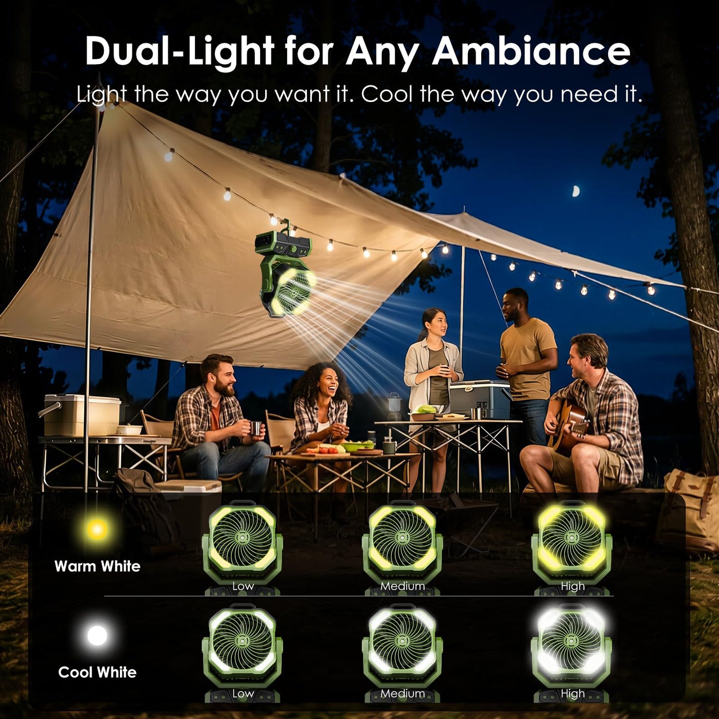 Minthouz 3-in-1 Camping Fan with 30000mAh Battery, Portable Outdoor Mist Fan with LED Light, 50H Runtime, Remote, 270° Tilt, 4.0m/s Wind, Quiet Camp Fan for Tent, RV, Patio, Backyard, Travel