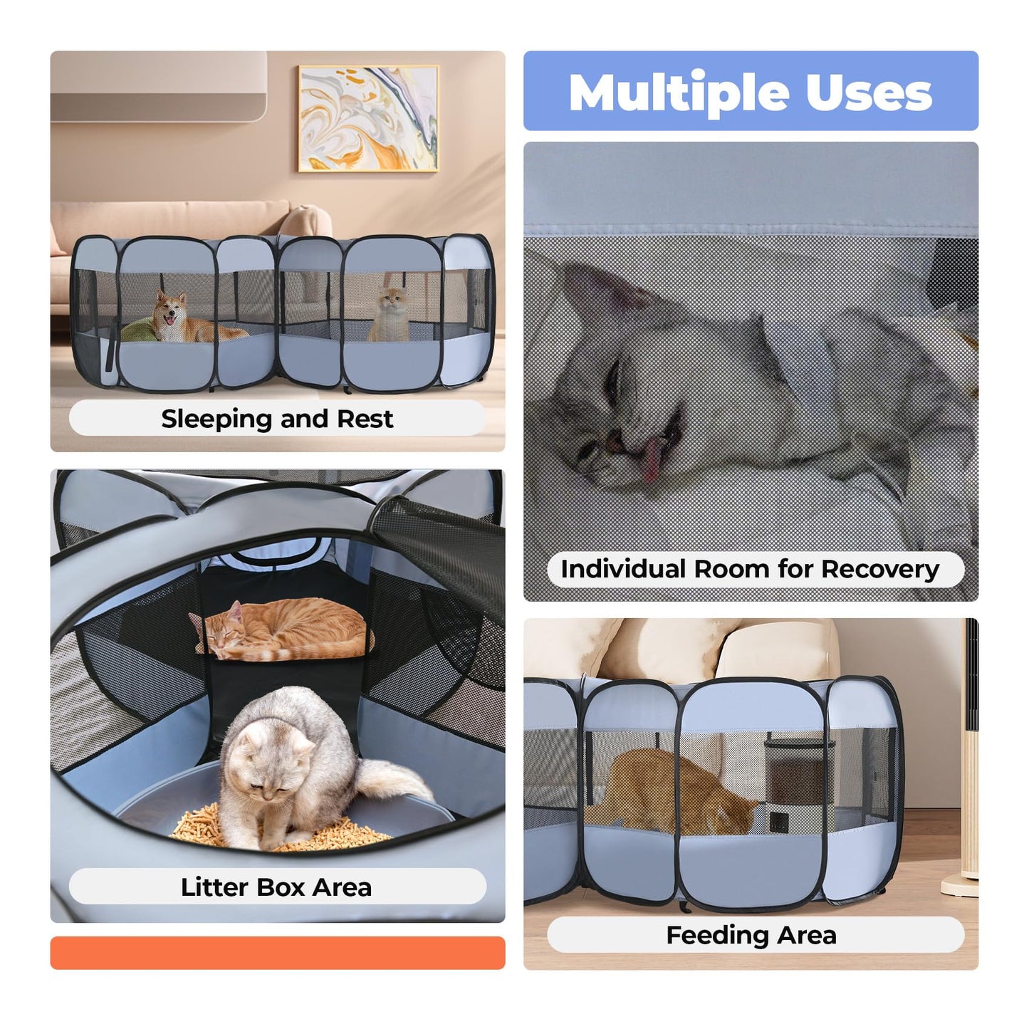 2-in-1 Cat Playpens, Detachable into 2 Separate Playpens with Additional 2 Doors, Portable Dog Playpen Cat Tent Enclosure for Kitten and Puppy Indoor Outdoor Use(S)