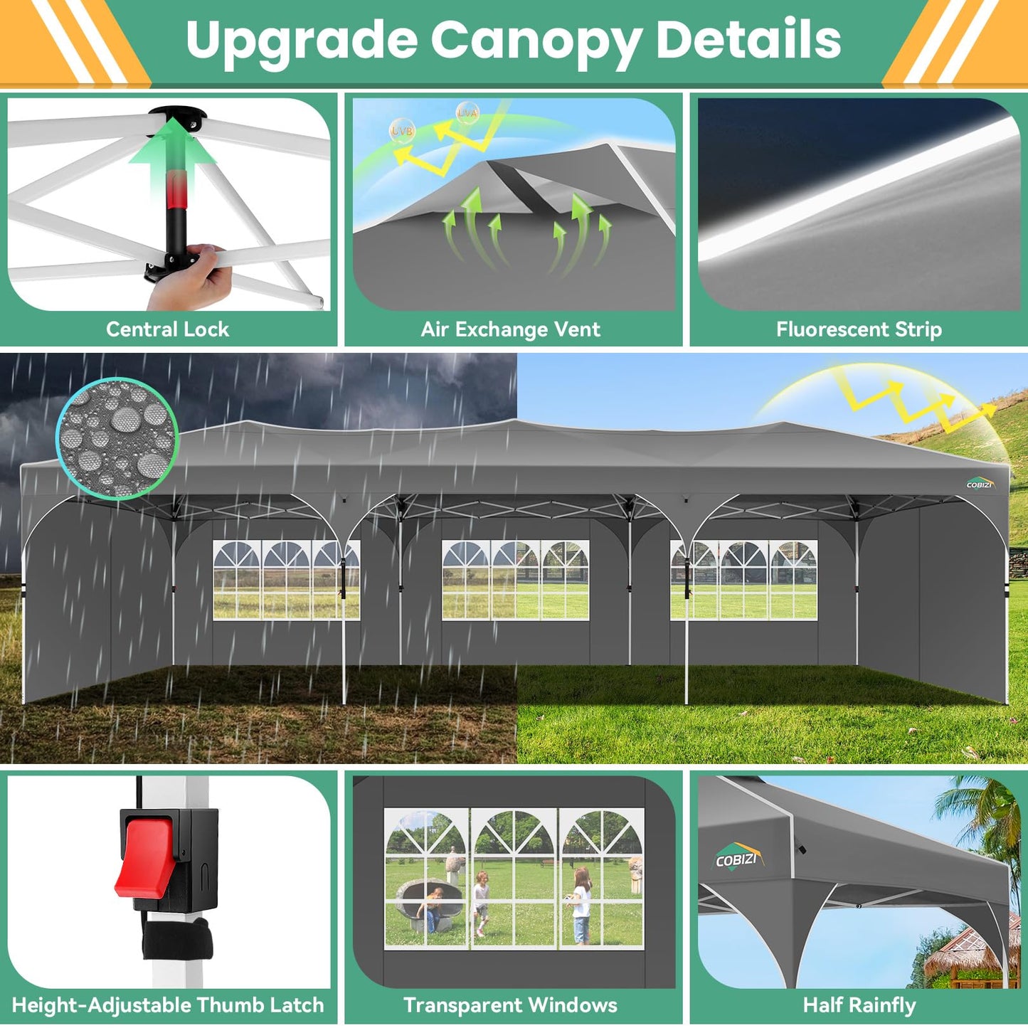 COBIZI 10x30 Pop Up Canopy Tent, Outdoor Party Tent with 5 Sidewalls, 1 Person Easy Set up, Tents for Parties with Fluorescent Strip & 4 Sandbags, Waterproof UPF50+, 3 Adjustable Height, Gray
