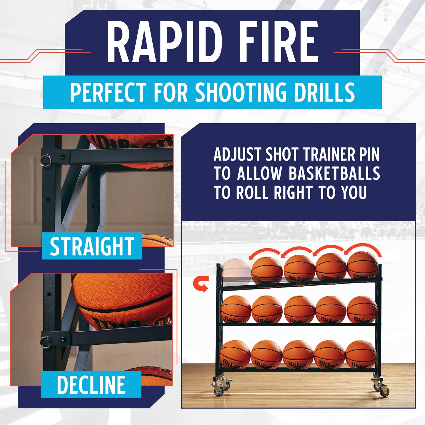 Murray Sporting Goods Premium Basketball Rack | Basketball Storage 3-Tier 15-Ball Heavy Duty Ball Cart with Wheels | Drop Pin for Shooters Preference