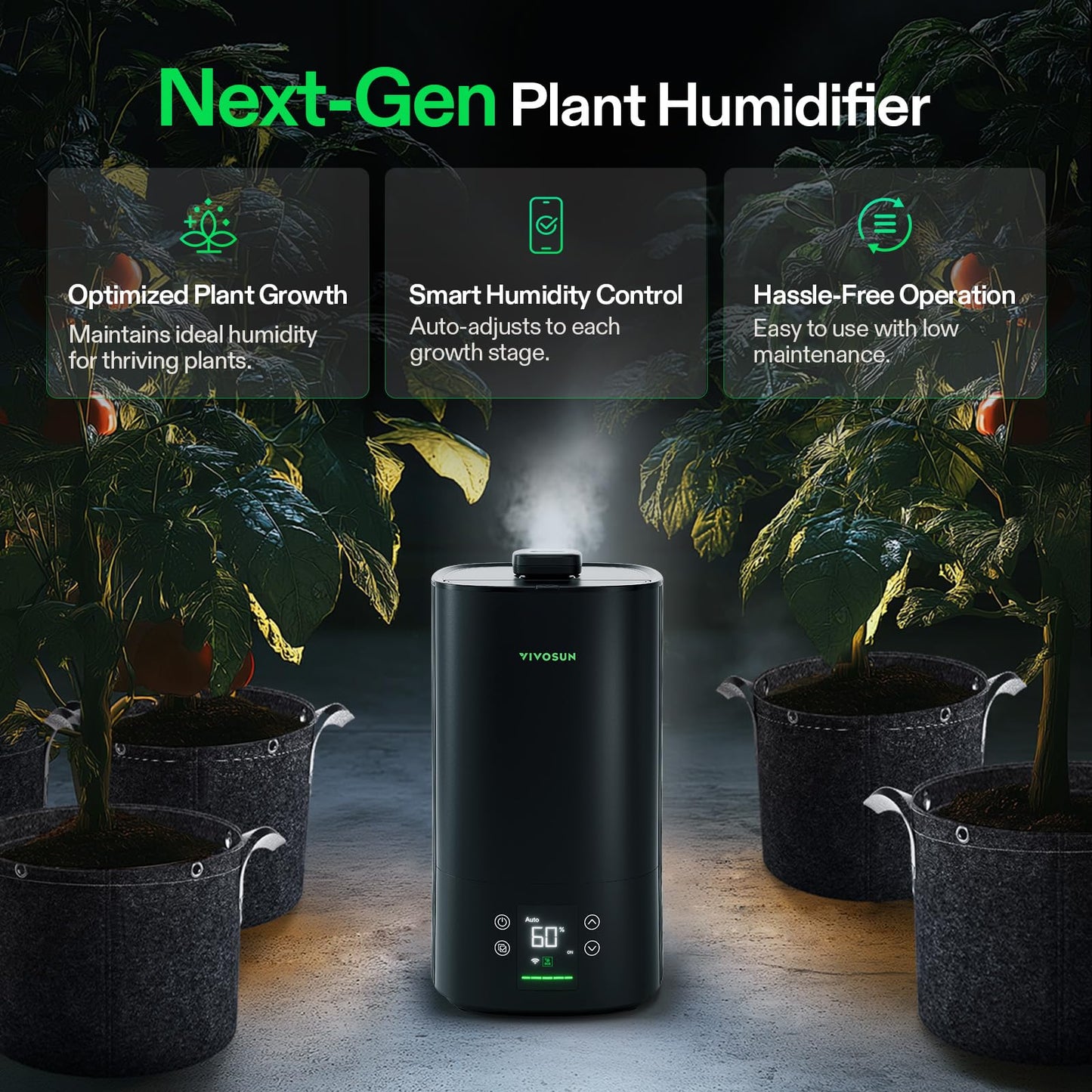 VIVOSUN AeroStream H05 Intelligent Wi-Fi Humidifier and S224 2x2 Grow Tent, 24"x24"x48" High Reflective Mylar with Observation Window and Floor Tray for Hydroponics Indoor Plant for VS1000