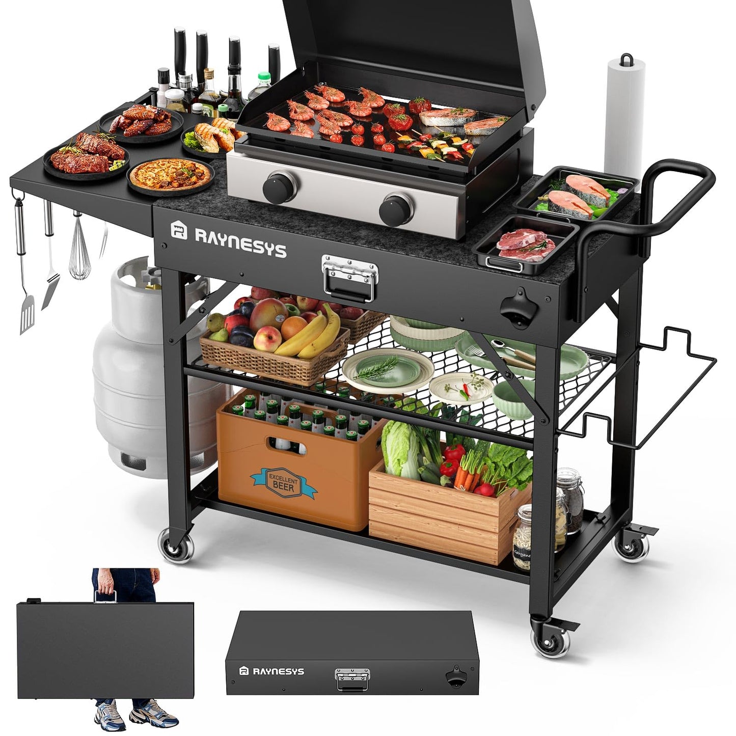 Raynesys Outdoor Grill Cart, 440lbs Outdoor Grill Table, 31x17 inch Blackstone Griddle Stand, Portable Folding Cart with Wheels, 2-Tier Storage Rack & Side Storage Box (Black)