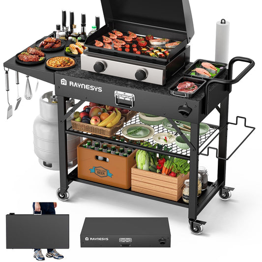 Raynesys Outdoor Grill Cart, 440lbs Outdoor Grill Table, 31x17 inch Blackstone Griddle Stand, Portable Folding Cart with Wheels, 2-Tier Storage Rack & Side Storage Box (Black)
