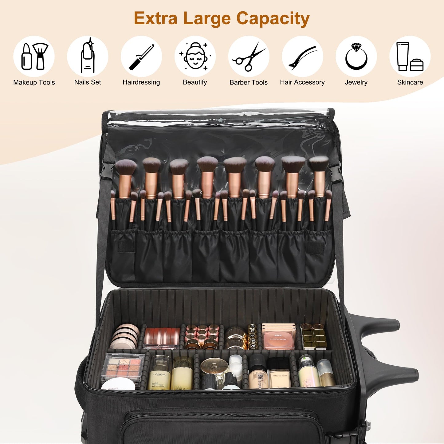 Relavel Rolling Makeup Case with Makeup Brush Case, Large Make Up Travel Organizer with 2 big Wheels, Professional Lockable Makeup Artist Backpack with Adjustable Dividers for Daily Use, Trip - Black