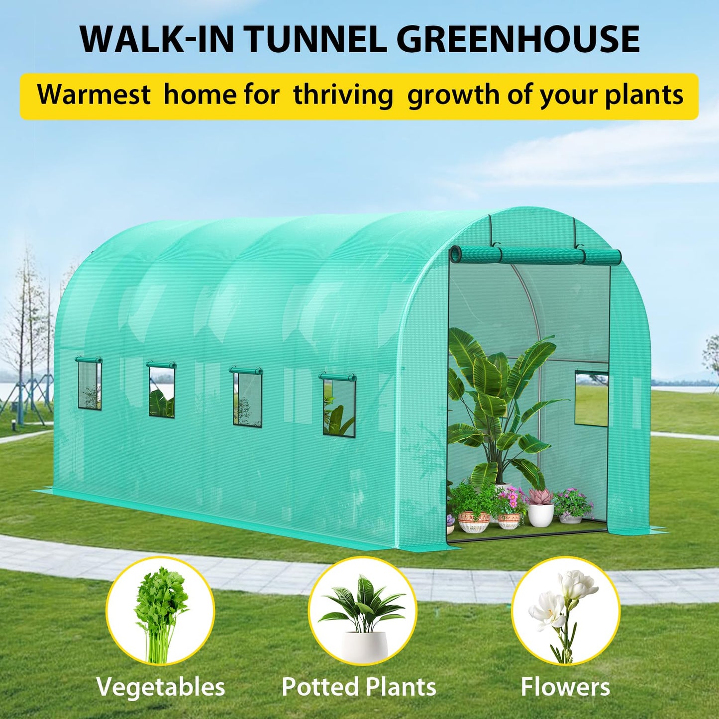 ChicCoutured 15x7x7 ft Walk-in Tunnel Greenhouse with Galvanized Steel Frame & 8 Mesh Windows, Weather-Resistant Outdoor Plant Hot House for Vegetables, Green PE Cover & 2 Roll-Up Zipper Doors