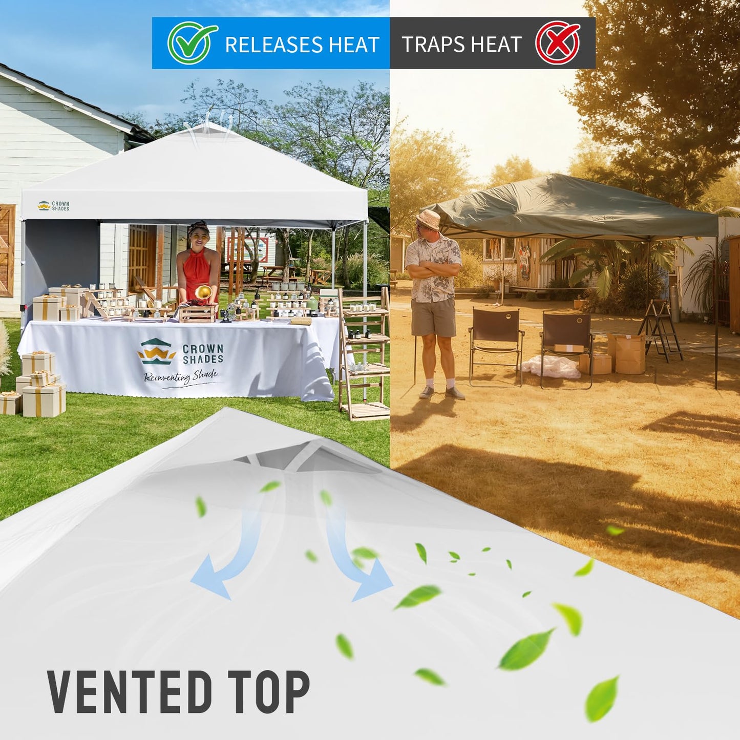 CROWN SHADES Pop Up Canopy with 1 Side Wall - Beach Tent with One Push Setup - Outdoor Sun Shade for Events, Parties, Camping - Gazebo with STO-N-Go Cover Bag, Grid White, 12x12FT
