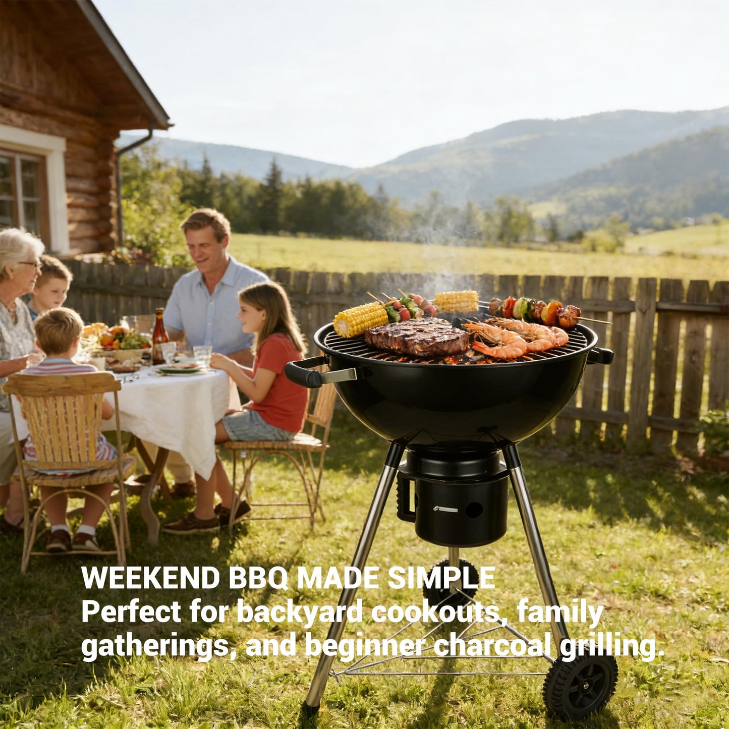 18-Inch Kettle Charcoal Grill with Cover & Wheels, Beginner-Friendly BBQ Grill for Backyard, Patio & Family Cookouts, Easy-to-Use Outdoor Charcoal Grill with Ash Catcher
