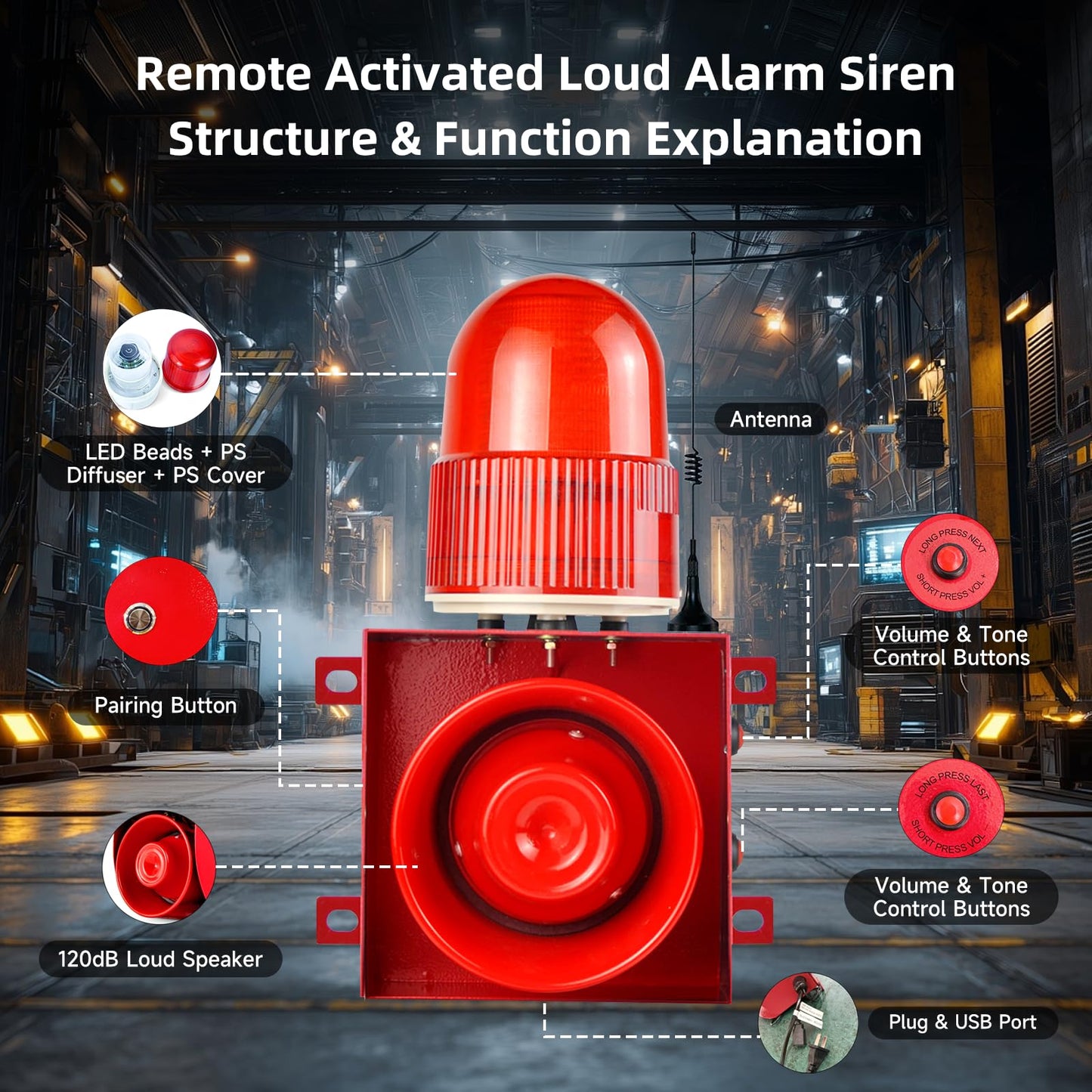 Y DIANS S Outdoor Indoor Alarm Siren Wireless Waterproof 0.3mile Remote Control Emergency Security Siren with 0-120dB Adjustable, 12 Tone Switchable for Warehouse Industry Buliding AC110-120V