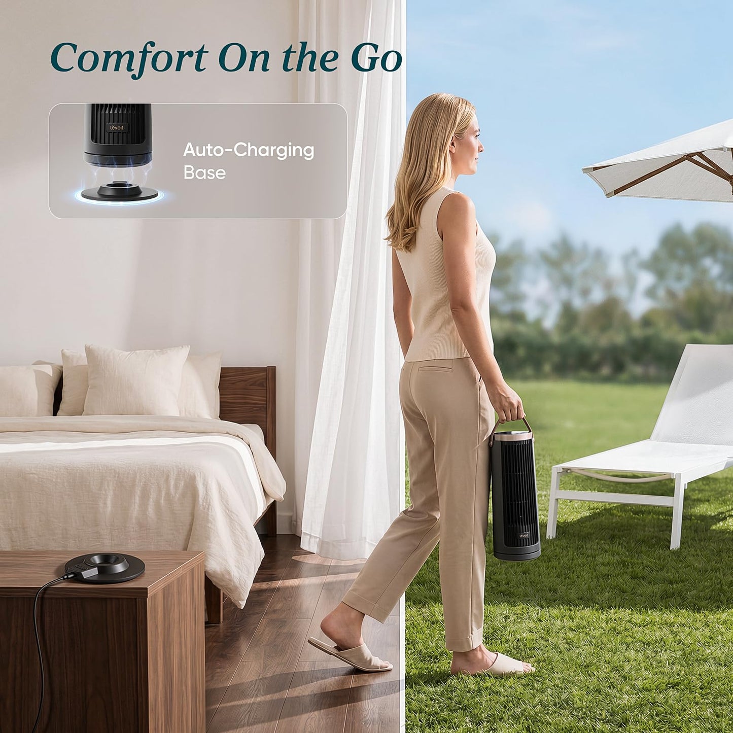LEVOIT Tower Fan for Bedroom, 20dB Portable Fan with 23ft/s, Up to 20-Hour Battery Life, Easy-to-Carry Desk Fan, 5 Speeds 90° Oscillation, DC Motor, Night Light & Timer, Remoter, for Outdoors, Home
