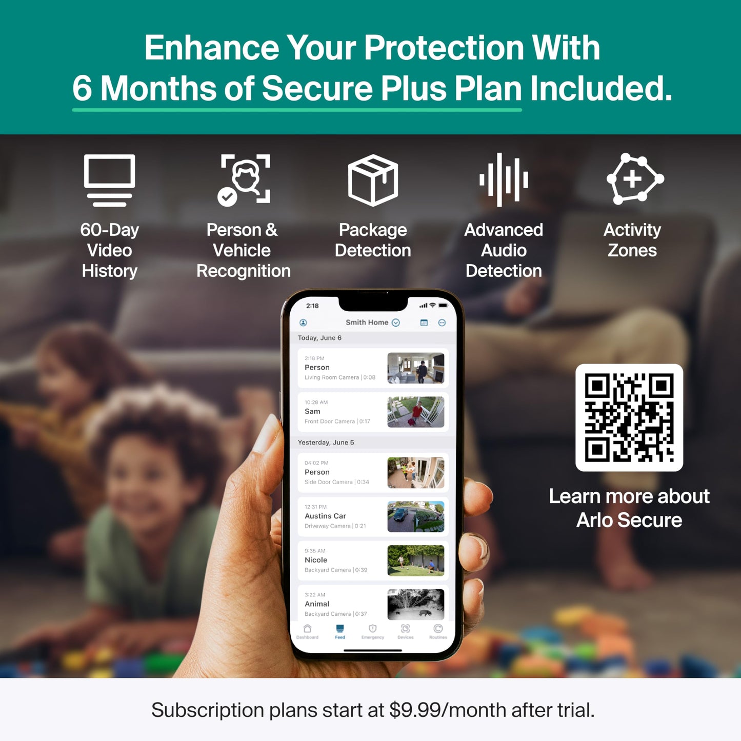 Arlo Essential Security Camera 2K (2025 Release) + 6 Months of Secure Plus Plan - Continuous Wired Plug-in Power Outdoor Camera, Person Recognition, Package Detection, Animated Preview, 2 Cam, White