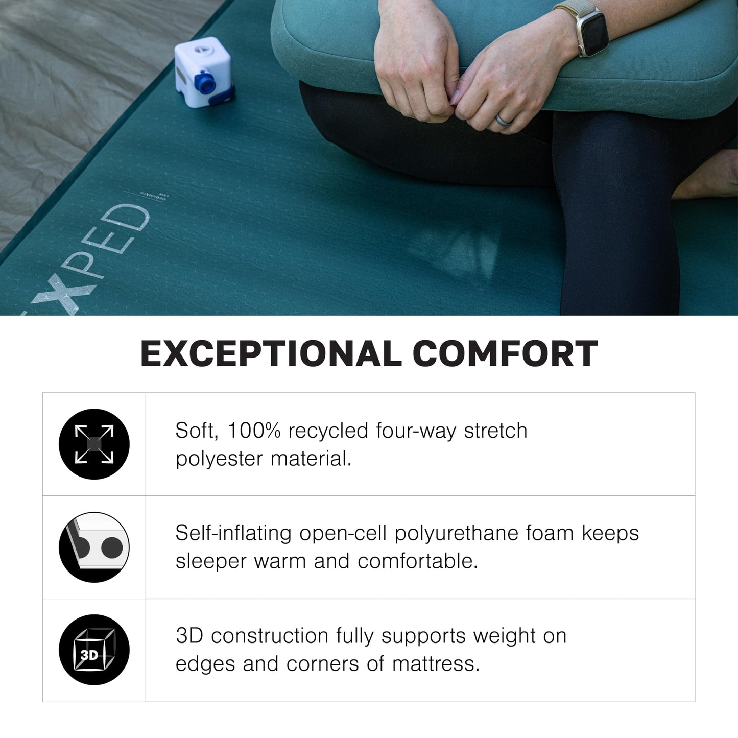 Exped MegaMat Long X-Wide - Self Inflating Soft Car Sleeping Mat, 4” Foam Pad, Pump Included