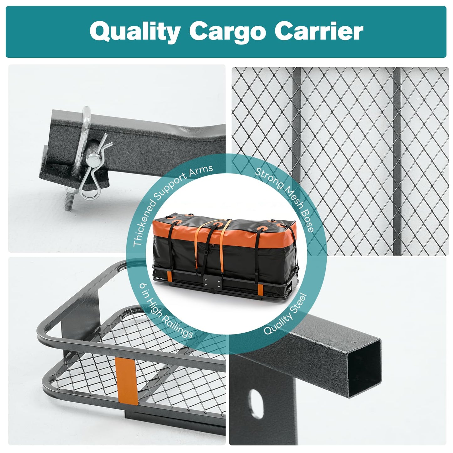 OLIXIS Folding Hitch Mount Cargo Carrier Basket 60x21x6 with Waterproof Luggage Bag 16 Cubic Feet, 500 Lbs Capacity Cargo Basket, with Hitch Stabilizer, Straps, Net