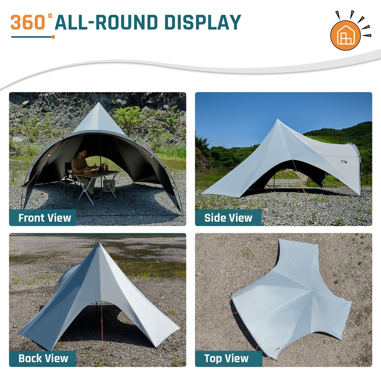 Blackout Camping Canopy Waterproof Tent Tarp with Poles Sun Shade Shelter for Outdoor Camping Backyard Picnic, Included Guy Lines & Luminous Tent Stakes, Gray