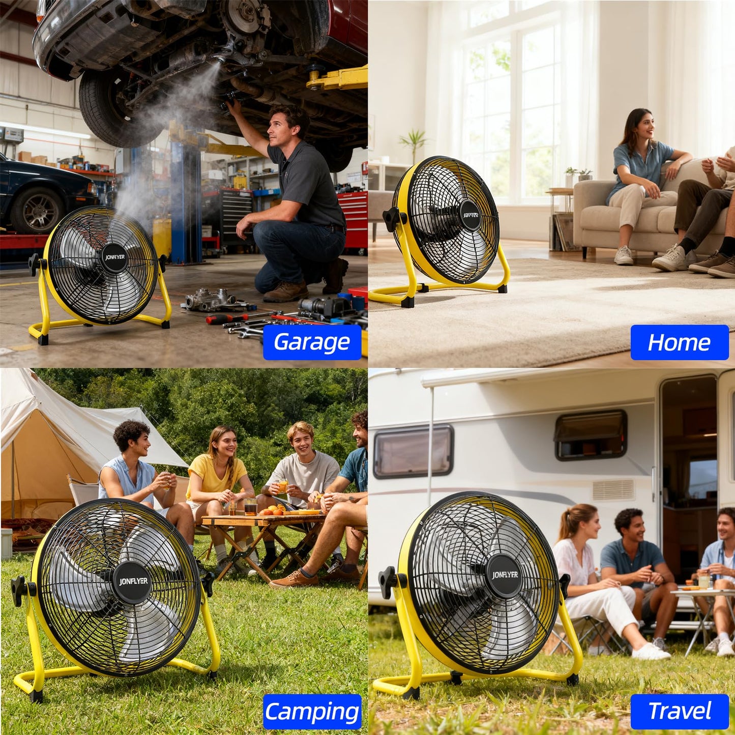 JONFLYER 12 Inch Portable Battery Operated Floor Fan, Rechargeable High-Velocity Cordless Fan with 12 Speed 360° Adjustable Tilt Quiet for Camping, Outdoor, Gazebo, Greenhouse, Gym, Garage